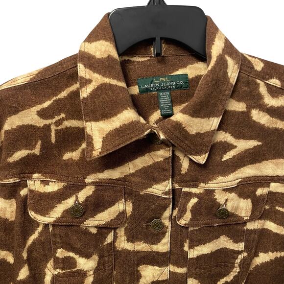 Lauren Ralph Lauren Jeans Co Cream Brown Animal Print Denim Jacket Womens 1X - Picture 3 of 5